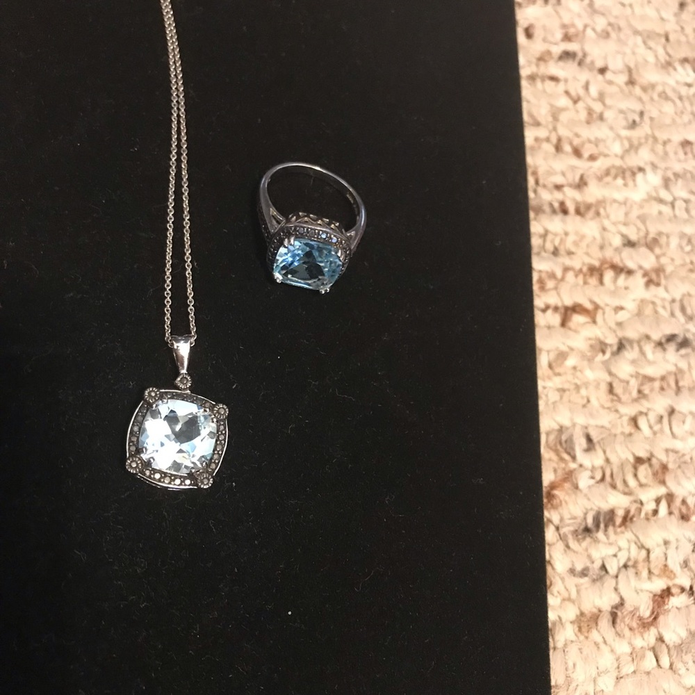 Blue Topaz square pendant & ring Sterling Silver